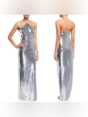 Aidan Mattox Silver Sequined Halter Column Gown